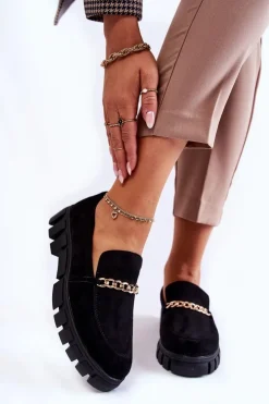 Buty Sergio Leone Mokasyny Damskie Zamszowe*Zamszowe Półbuty Z Łańcuszkiem Czarne Anne