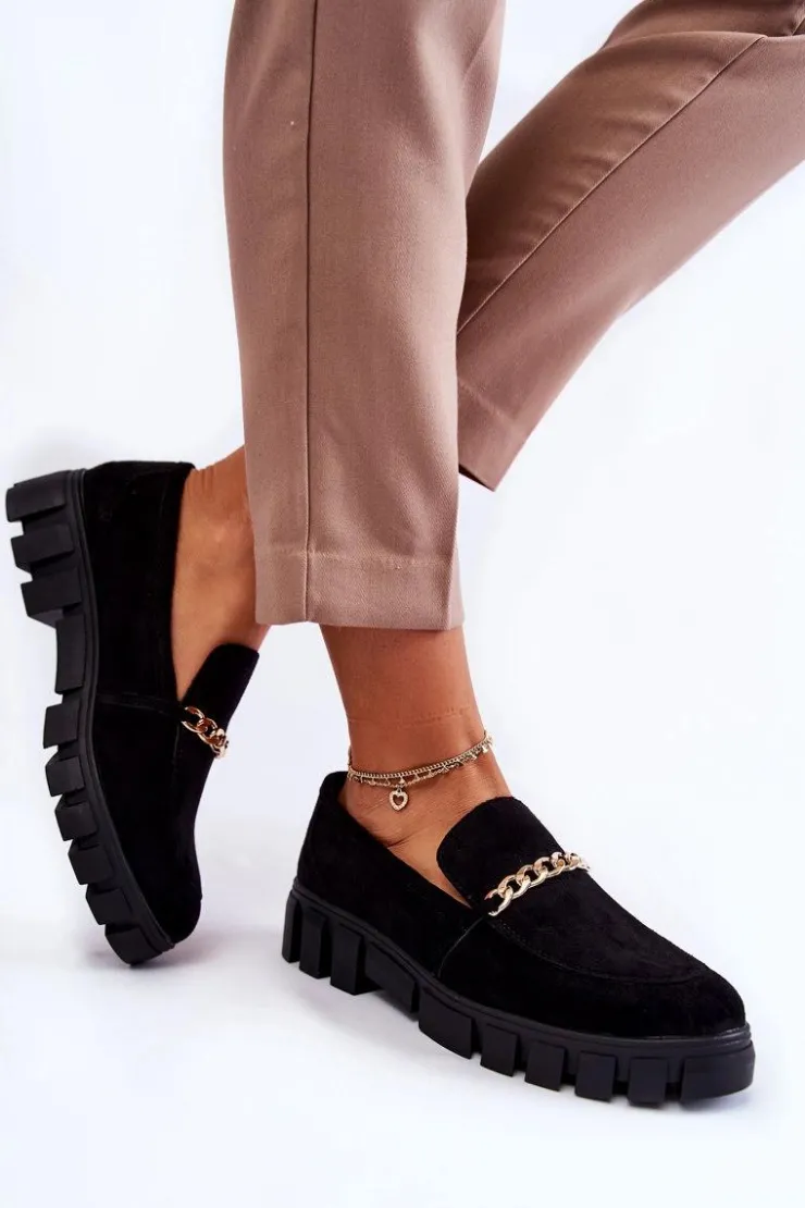 Buty Sergio Leone Mokasyny Damskie Zamszowe*Zamszowe Półbuty Z Łańcuszkiem Czarne Anne