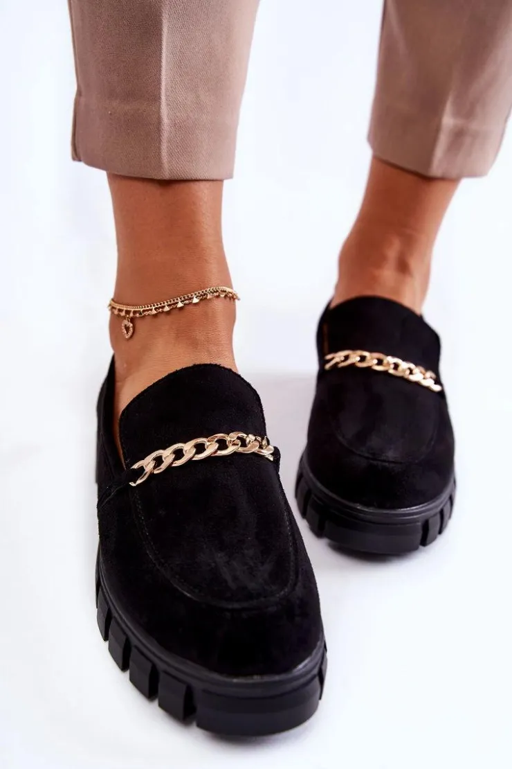 Buty Sergio Leone Mokasyny Damskie Zamszowe*Zamszowe Półbuty Z Łańcuszkiem Czarne Anne