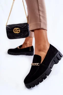 Buty Sergio Leone Mokasyny Damskie Zamszowe*Zamszowe Półbuty Z Łańcuszkiem Czarne Anne