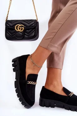 Buty Sergio Leone Mokasyny Damskie Zamszowe*Zamszowe Półbuty Z Łańcuszkiem Czarne Anne