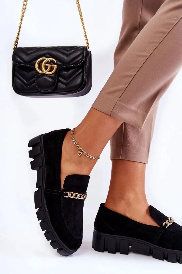 Buty Sergio Leone Mokasyny Damskie Zamszowe*Zamszowe Półbuty Z Łańcuszkiem Czarne Anne