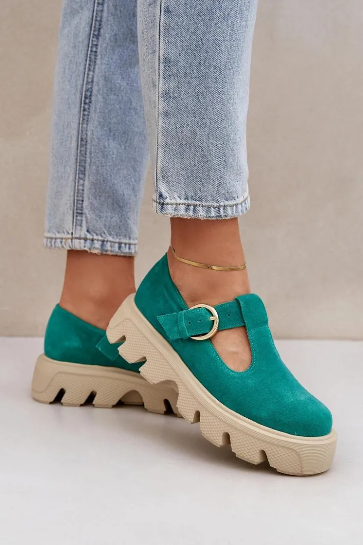 Damskie Zazoo Zamszowe Półbuty Z Klamrą 20183 Zielone