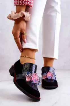 Boto Półbuty Skórzane*Zamszowe Półbuty Z Ozdobą Czarno-Czerwone Davine