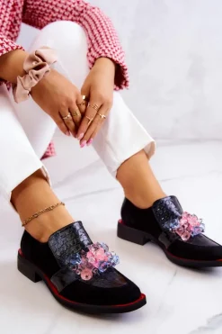 Boto Półbuty Skórzane*Zamszowe Półbuty Z Ozdobą Czarno-Czerwone Davine