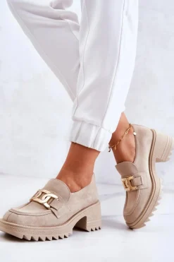 New Boto Zamszowe Półbuty Ze Złotą Ozdobą Jasnobeżowe Idealize