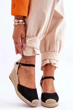 Outlet Boto Zamszowe Sandałki Espadryle Na Koturnie Czarne Cammer