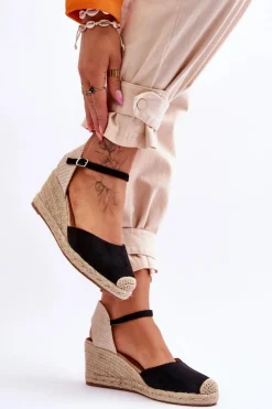 Outlet Boto Zamszowe Sandałki Espadryle Na Koturnie Czarne Cammer