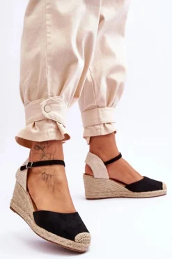 Outlet Boto Zamszowe Sandałki Espadryle Na Koturnie Czarne Cammer