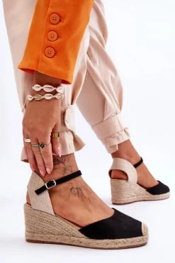 Outlet Boto Zamszowe Sandałki Espadryle Na Koturnie Czarne Cammer