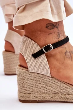 Outlet Boto Zamszowe Sandałki Espadryle Na Koturnie Czarne Cammer