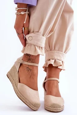 Damskie Boto Zamszowe Sandałki Espadryle Na Koturnie Beżowe Cammer