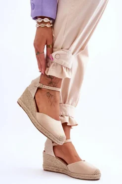 Damskie Boto Zamszowe Sandałki Espadryle Na Koturnie Beżowe Cammer