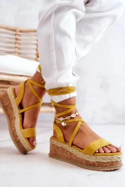 Boto Sandały Na Koturnie*Zamszowe Sandałki Espadryle Na Koturnie Żółte Shanny