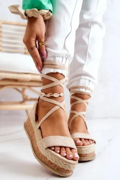 Sale Boto Zamszowe Sandałki Espadryle Na Koturnie Beżowe Shanny