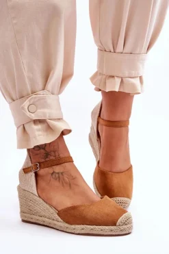 Boto Sandały Na Koturnie*Zamszowe Sandałki Espadryle Na Koturnie Camel Cammer