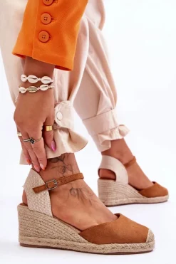 Boto Sandały Na Koturnie*Zamszowe Sandałki Espadryle Na Koturnie Camel Cammer