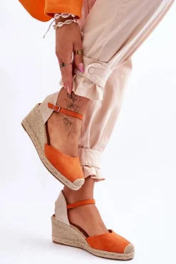 Hot Boto Zamszowe Sandałki Espadryle Na Koturnie Pomarańczowe Cammer