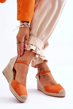 Hot Boto Zamszowe Sandałki Espadryle Na Koturnie Pomarańczowe Cammer