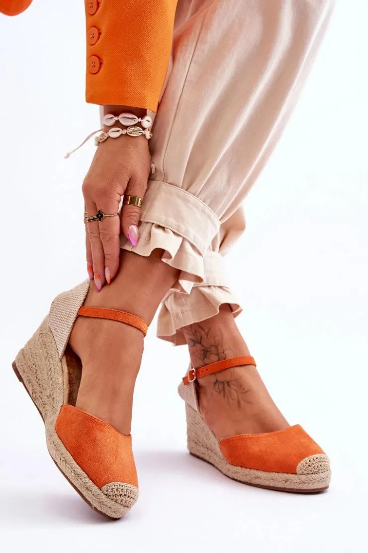 Hot Boto Zamszowe Sandałki Espadryle Na Koturnie Pomarańczowe Cammer