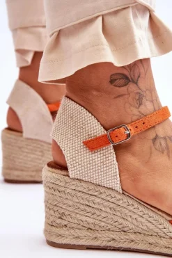 Hot Boto Zamszowe Sandałki Espadryle Na Koturnie Pomarańczowe Cammer