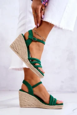 Damskie Boto Zamszowe Sandałki Na Koturnie Zielone Louisiana