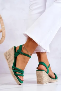 Damskie Boto Zamszowe Sandałki Na Koturnie Zielone Louisiana