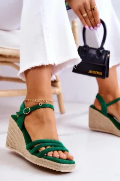 Damskie Boto Zamszowe Sandałki Na Koturnie Zielone Louisiana