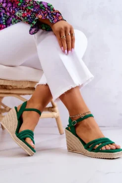 Damskie Boto Zamszowe Sandałki Na Koturnie Zielone Louisiana