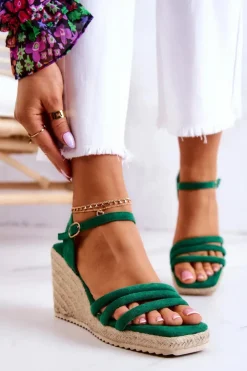 Damskie Boto Zamszowe Sandałki Na Koturnie Zielone Louisiana