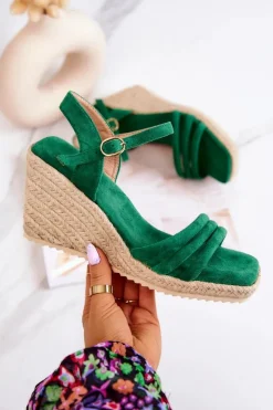 Damskie Boto Zamszowe Sandałki Na Koturnie Zielone Louisiana