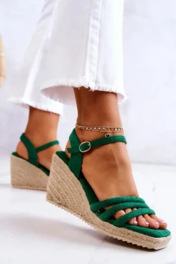 Damskie Boto Zamszowe Sandałki Na Koturnie Zielone Louisiana