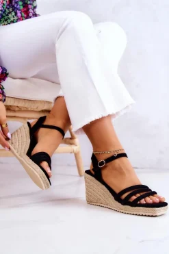 Damskie Boto Zamszowe Sandałki Na Koturnie Czarne Louisiana