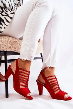 Damskie buty S.Barski Sandały Na Obcasie*Zamszowe Sandałki Na Obcasie Czerwone Vinnie