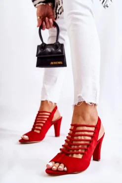 Damskie buty S.Barski Sandały Na Obcasie*Zamszowe Sandałki Na Obcasie Czerwone Vinnie