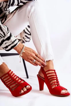 Damskie buty S.Barski Sandały Na Obcasie*Zamszowe Sandałki Na Obcasie Czerwone Vinnie