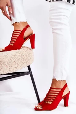 Damskie buty S.Barski Sandały Na Obcasie*Zamszowe Sandałki Na Obcasie Czerwone Vinnie