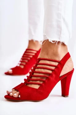 Damskie buty S.Barski Sandały Na Obcasie*Zamszowe Sandałki Na Obcasie Czerwone Vinnie