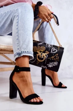 Damskie Boto Zamszowe Sandałki Na Obcasie Czarne Jacqueline