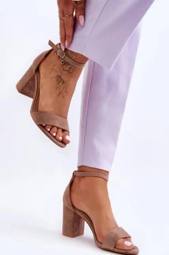 Damskie Boto Zamszowe Sandałki Na Obcasie Ciemnobeżowe Madame