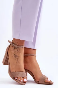 Damskie Boto Zamszowe Sandałki Na Obcasie Ciemnobeżowe Madame