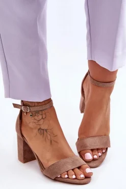 Damskie Boto Zamszowe Sandałki Na Obcasie Ciemnobeżowe Madame