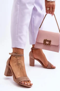 Damskie Boto Zamszowe Sandałki Na Obcasie Ciemnobeżowe Madame