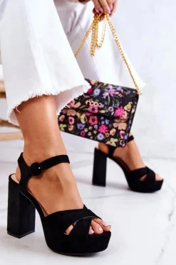 Damskie Boto Zamszowe Sandałki Na Obcasie Czarne Semilla