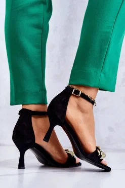 Laura Messi Sandały Na Obcasie*Zamszowe Sandałki Na Obcasie 2366 Czarne