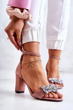 Damskie Boto Zamszowe Sandałki Na Słupku Z Ozdobą Różowe Milessa