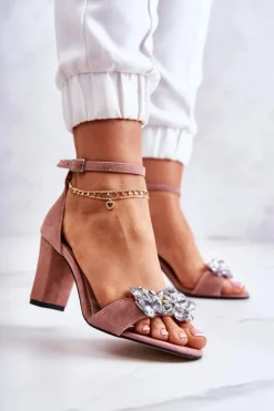 Damskie Boto Zamszowe Sandałki Na Słupku Z Ozdobą Różowe Milessa