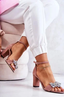 Damskie Boto Zamszowe Sandałki Na Słupku Z Ozdobą Różowe Milessa