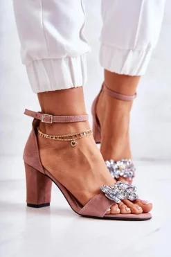 Damskie Boto Zamszowe Sandałki Na Słupku Z Ozdobą Różowe Milessa