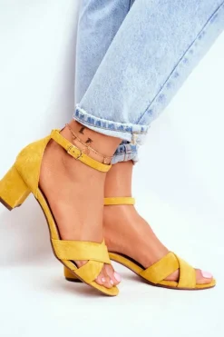 Damskie Boto Zamszowe Sandałki na Słupku Żółte Nela
